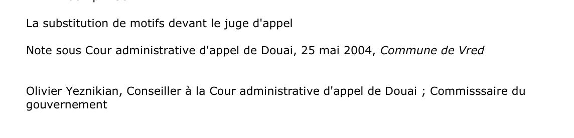 La substitution de motifs devant le juge d'appel  Note sous Cour administrative d'appel de Douai, 25 mai 2004, Commune de Vred