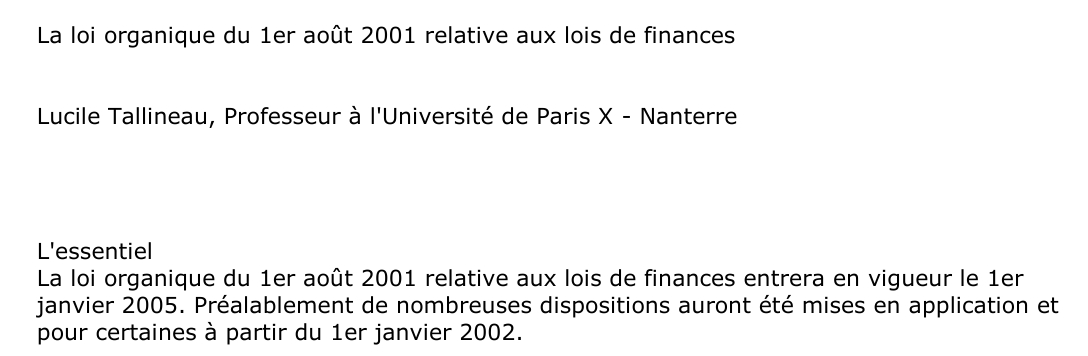 La loi organique du 1er août 2001 relative aux lois de finances