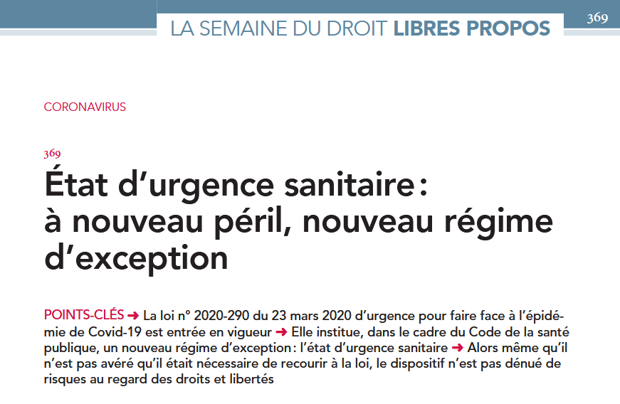 État d’urgence sanitaire : à nouveau péril, nouveau régime d’exception