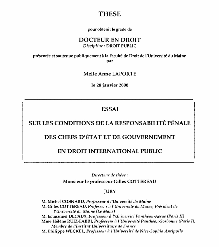 Essai sur les conditions de la responsabilité pénale des chefs d’Etat et de Gouvernement en droit international public