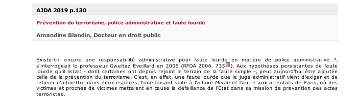 Prévention du terrorisme, police administrative et faute lourde