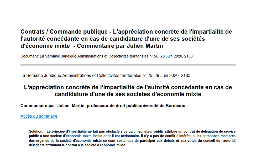 L'appréciation concrète de l'impartialité de l'autorité concédante en cas de candidature d'une de ses sociétés d'économie mixte