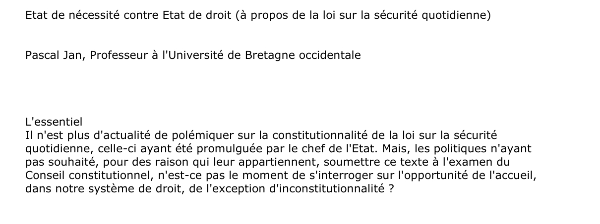 Etat de nécessité contre Etat de droit (à propos de la loi sur la sécurité quotidienne)