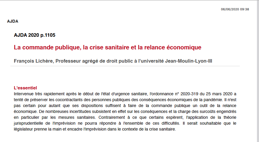 La commande publique, la crise sanitaire et la relance économique
