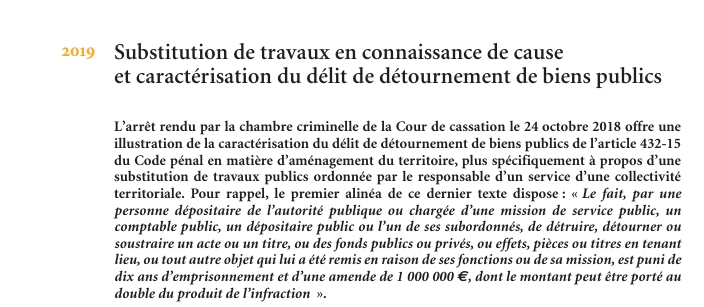 Substitution de travaux en connaissance de cause et caractérisation du délit de détournement de biens publics