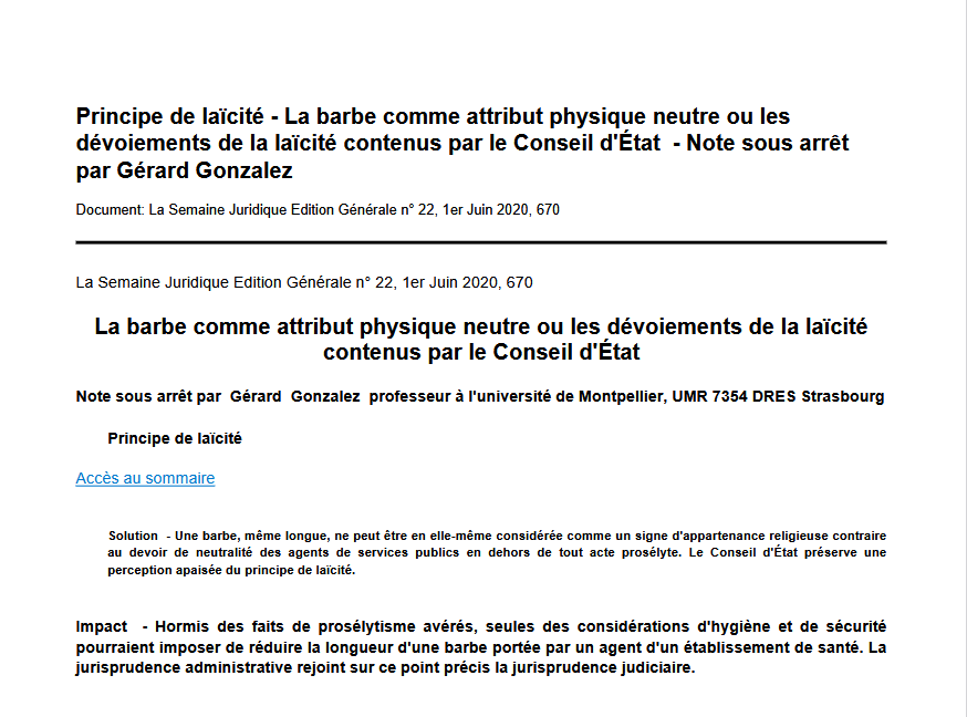 Principe de laïcité - La barbe comme attribut physique neutre ou les dévoiements de la laïcité contenus par le Conseil d'État