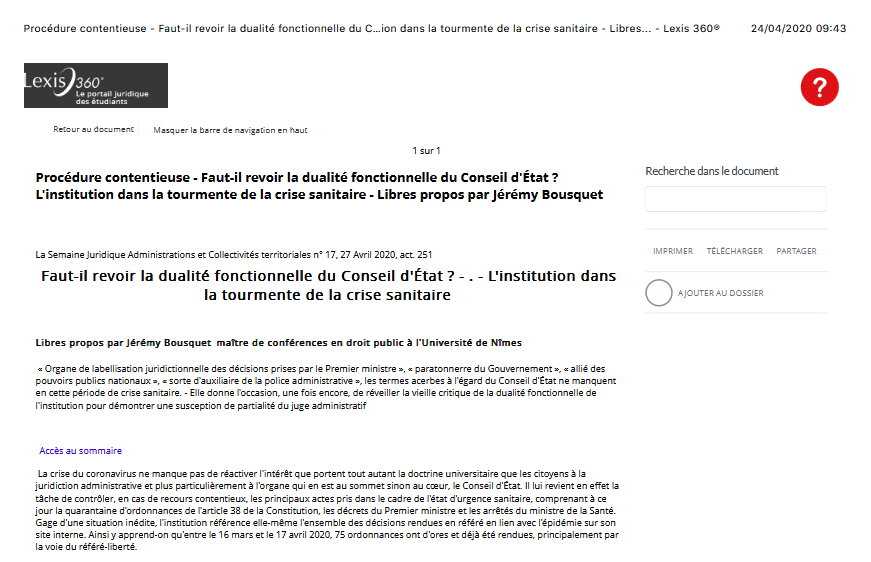 Procédure contentieuse - Faut-il revoir la dualité fonctionnelle du Conseil d'État ? L'institution dans la tourmente de la crise sanitaire