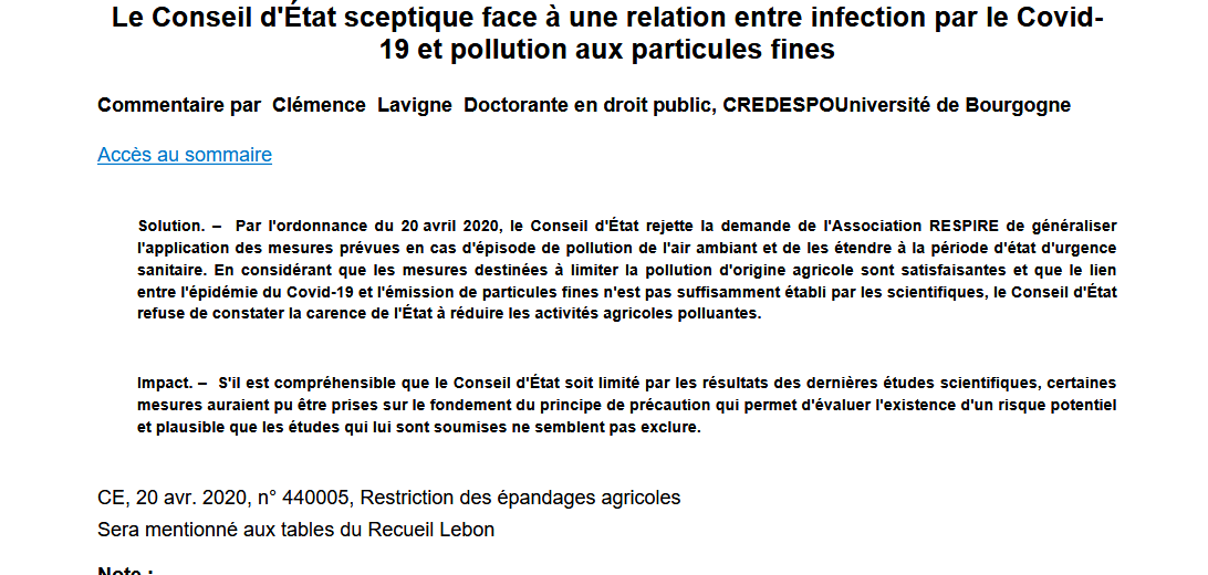 Le Conseil d'État sceptique face à une relation entre infection par le Covid- 19 et pollution aux particules fines