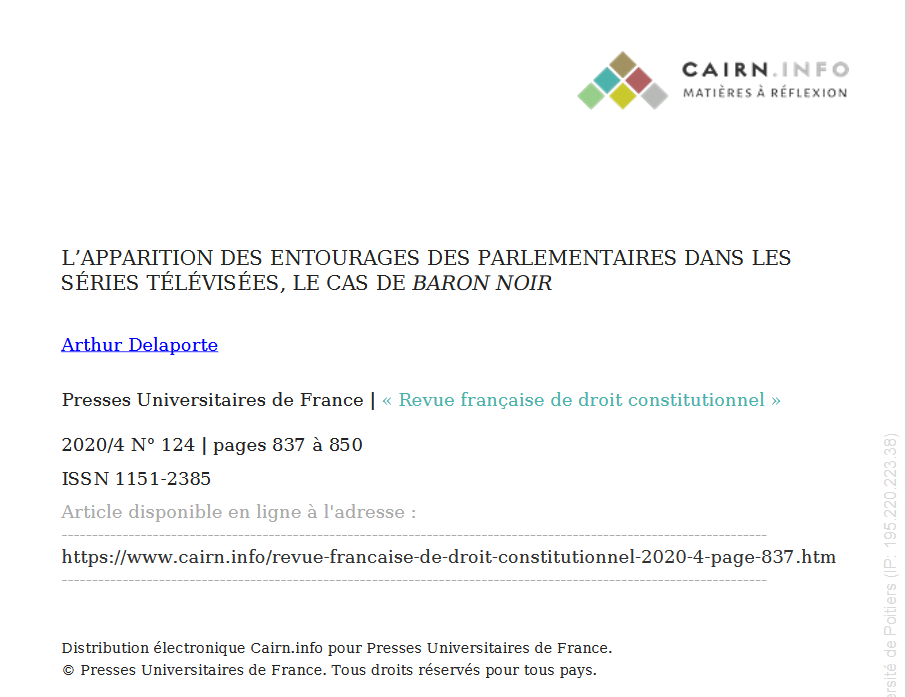 L’APPARITION DES ENTOURAGES DES PARLEMENTAIRES DANS LES SÉRIES TÉLÉVISÉES, LE CAS DE BARON NOIR