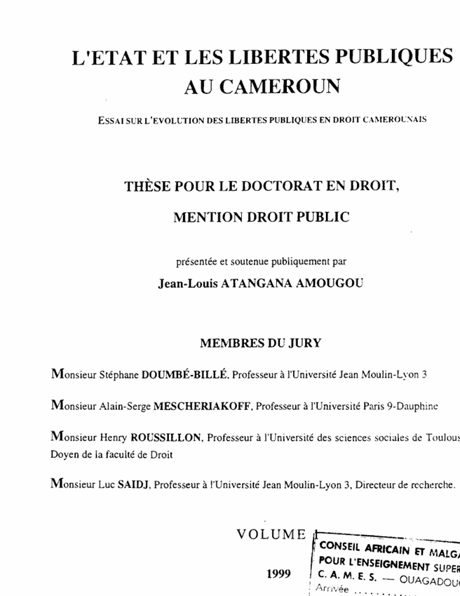 L'ETAT ET LES LIBERTES PUBLIQUES AU CAMEROUN : ESSAI SUR L'EVOLUTION DES LIBERTES PUBLIQUES EN DROIT CAMEROUNAIS