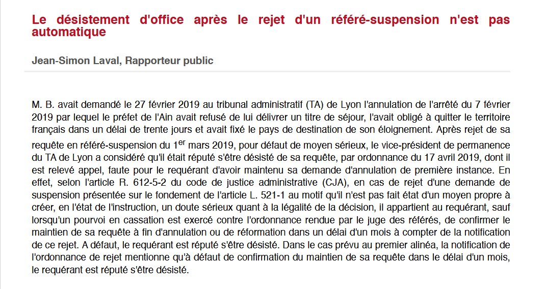 Le désistement d'office après le rejet d'un référé-suspension n'est pas automatique