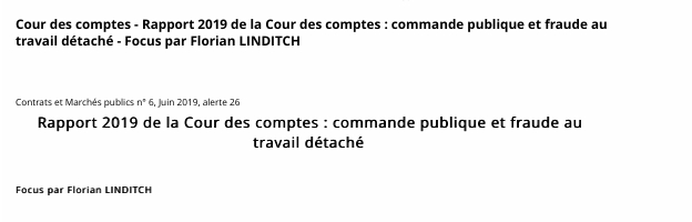 Cour des comptes - Rapport 2019 de la Cour des comptes : commande publique et fraude au travail détaché