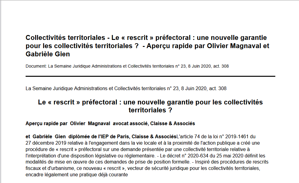 Le « rescrit » préfectoral : une nouvelle garantie pour les collectivités territoriales ?