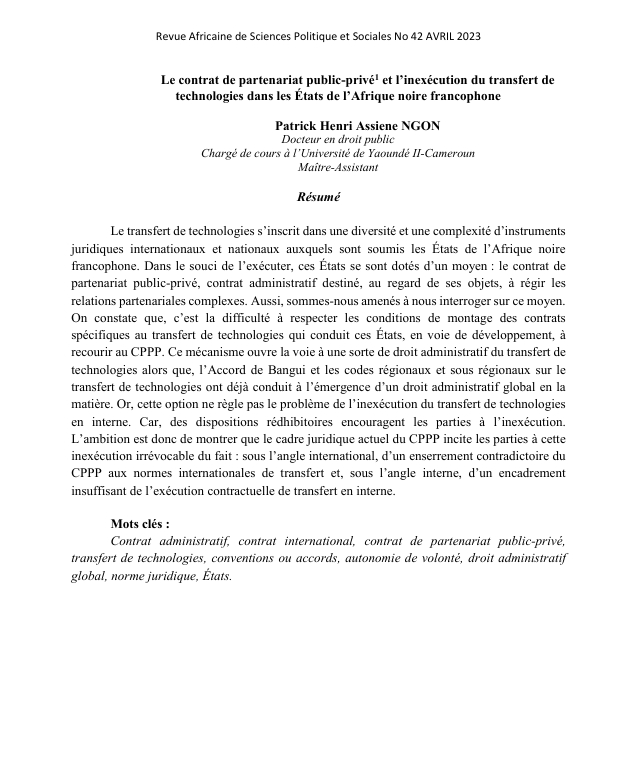 Le contrat de partenariat public-privé et l’inexécution du transfert de  technologies dans les États de l’Afrique noire francophone