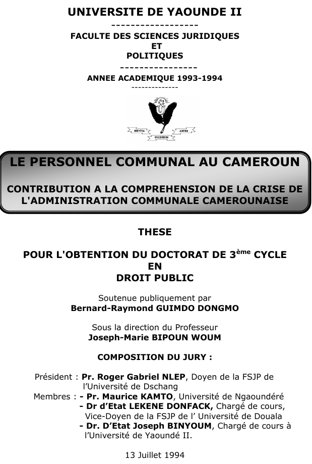 LE PERSONNEL COMMUNAL AU CAMEROUN CONTRIBUTION A LA COMPREHENSION DE LA CRISE DE L'ADMINISTRATION COMMUNALE CAMEROUNAISE