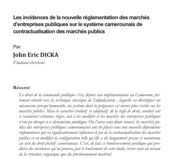 Les incidences de la nouvelle réglementation des marchés d’entreprises publiques sur le système camerounais de contractualisation des marchés publics