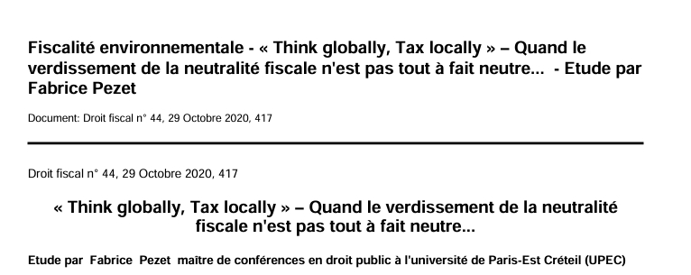 Fiscalité environnementale - « Think globally, Tax locally » – Quand le  verdissement de la neutralité fiscale n'est pas tout à fait neutre...
