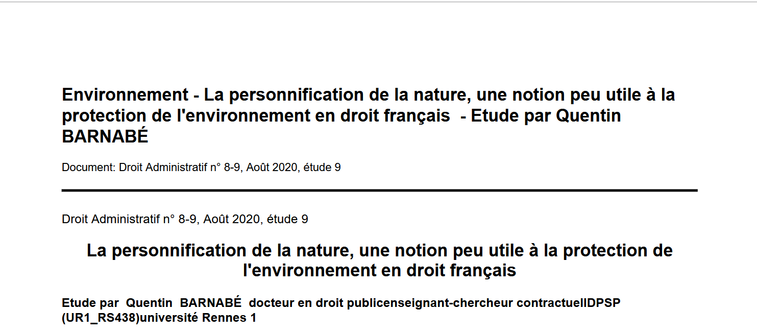 La personnification de la nature, une notion peu utile à la protection de l'environnement en droit français