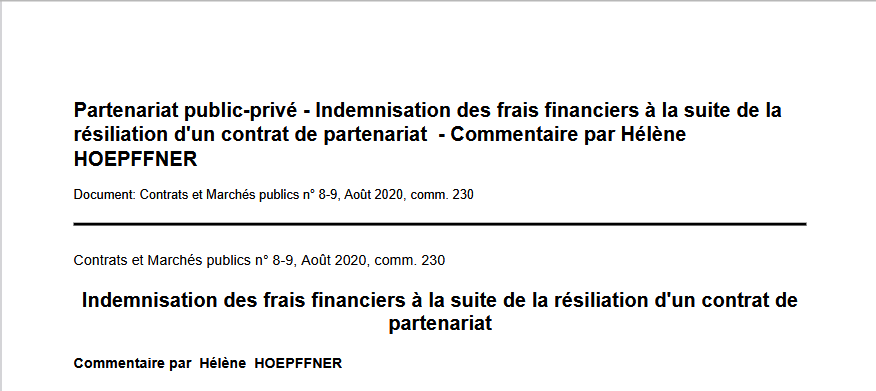 Partenariat public-privé - Indemnisation des frais financiers à la suite de la résiliation d'un contrat de partenariat