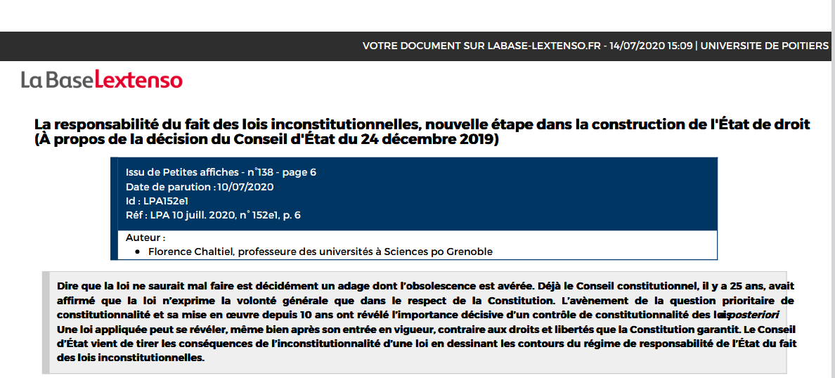 La responsabilité du fait des lois inconstitutionnelles, nouvelle étape dans la construction de l'État de droit (À propos de la décision du Conseil d'État du 24 décembre 2019)