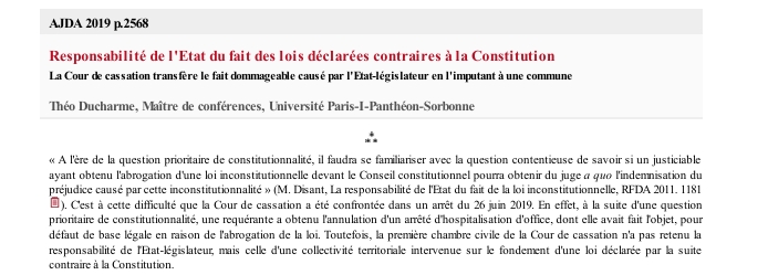 Responsabilité de l'Etat du fait des lois déclarées contraires à la Constitution La Cour de cassation transfère le fait dommageable causé par l'Etat-législateur en l'imputant à une commune