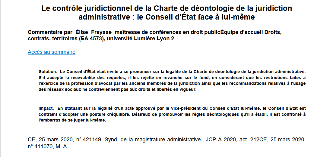 Le contrôle juridictionnel de la Charte de déontologie de la juridiction administrative : le Conseil d'État face à lui-même