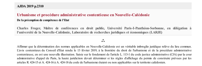 Urbanisme et procédure administrative contentieuse en Nouvelle-Calédonie De la préemption de compétence de l'Etat