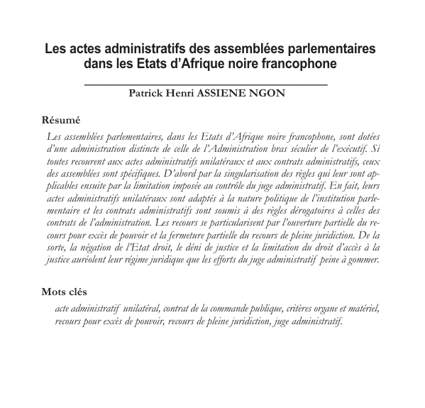 Les actes administratifs des assemblées parlementaires dans les Etats d’Afrique noire francophone