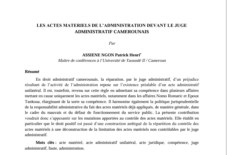 LES ACTES MATERIELS DE L’ADMINISTRATION DEVANT LE JUGE  ADMINISTRATIF CAMEROUNAIS
