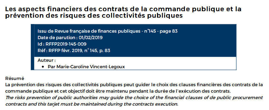 Les aspects financiers des contrats de la commande publique et la prévention des risques des collectivités publiques