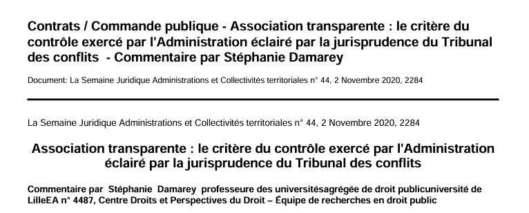 Contrats / Commande publique - Association transparente : le critère du  contrôle exercé par l'Administration éclairé par la jurisprudence du Tribunal  des conflits