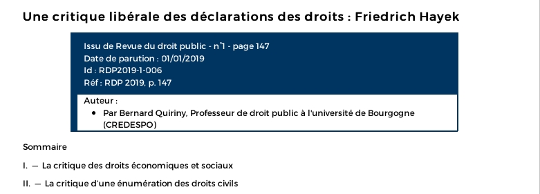 Une critique libérale des déclarations des droits : Friedrich Hayek Une critique libérale des déclarations des droits : Friedrich Hayek