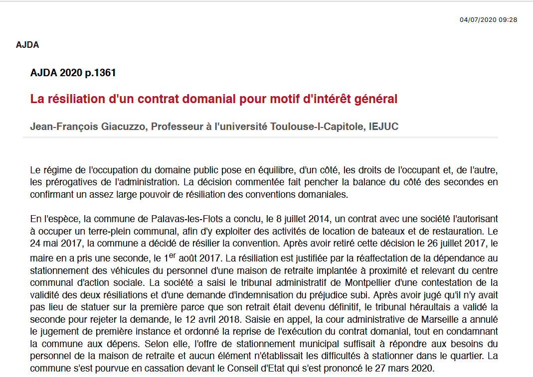La résiliation d'un contrat domanial pour motif d'intérêt général