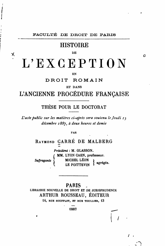 Histoire de l’exception en droit romain et dans l’ancienne procédure française